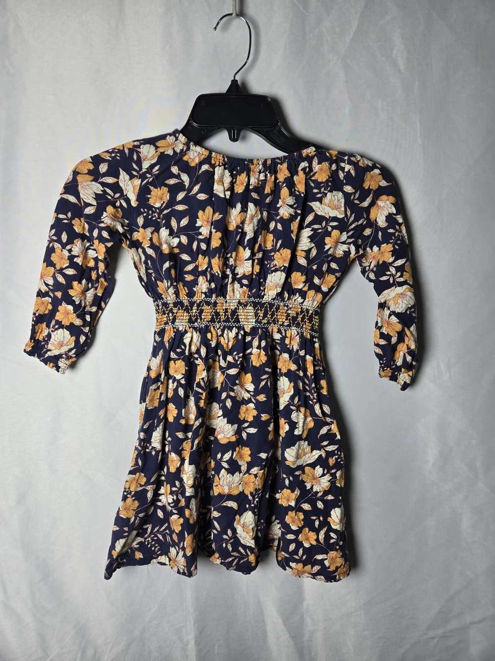 Navy Floral Smocked-Waist Dress with Yellow & Cream Flowers